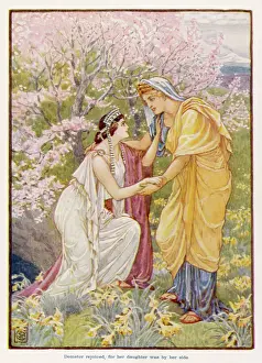 Prints of Persephone (Proserpina) is reunited for the Spring and Summer with her mother Demeter (Ceres) until each Autumn and Winter, when she must return to her husband Pluto (Hades) Related Prints: Print of Demeter and Persephone Reunion