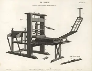 Abraham Rees Cyclopedia Prints: Perspective view of a common printing press, 18th century