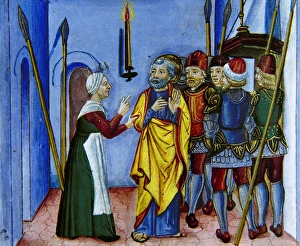 Peter, discovered by a servant, denies knowing Jesus Peter, discovered by a servant, denies knowing Jesus