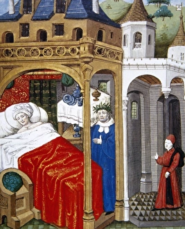 Petrarch appears in dreams to Boccaccio. Miniature in Book o Petrarch appears in dreams to Boccaccio. Miniature in Book o