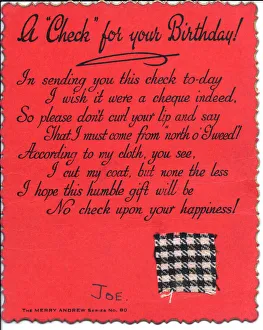 Piece of checked cloth with comic verse on a birthday card Piece of checked cloth with comic verse on a birthday card