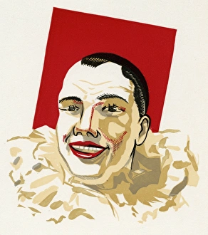 Pierrot in white ruffle collar and red face paint Pierrot in white ruffle collar and red face paint