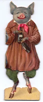 Pig with bottles on a cutout Christmas card Pig with bottles on a cutout Christmas card