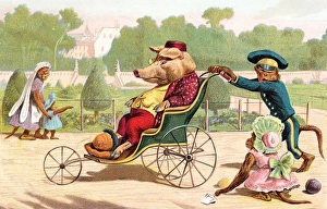 Pig and monkeys in a park on a postcard Pig and monkeys in a park on a postcard