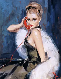 1949 Print of Pin Up on Telephone by David Wright