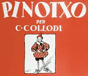 Prints of Front cover from a Catalan edition of the childrens tale Pinocchio, by Italian journalist and writer, Carlo Lorenzini Collodi (1826-1890) Didelphidae Prints: Catalan Edition Pinocchio Front Cover Print