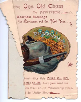 Pipe and tobacco pouch on a Christmas and New Year card Pipe and tobacco pouch on a Christmas and New Year card