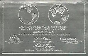 Space Exploration Prints: Metal Plaque Left on the Moon Print, 1969