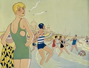 Beach Scene Print: Child Playing with a Beach Ball in the Surf