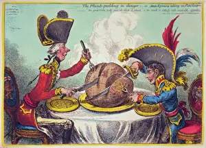 Prints of The Plumb-pudding in danger, or, State epicures taking un petit souper... William Pitt, wearing a regimental uniform and hat, sitting at a table with Napoleon Politic Prints: The Plumb-pudding in danger, 1805 Print by William Hogarth