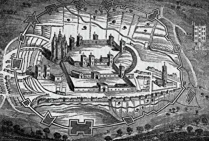 Prints of Bird s-eye view of Pontefract Castle, Yorkshire, as it appeared during the Civil War. Date: 1648 Yorkshire Prints: Bird's-eye view of Pontefract Castle, 1648 Print