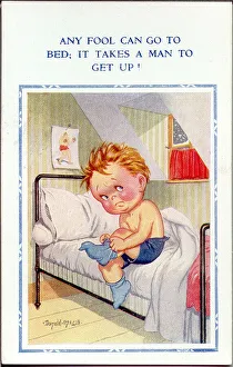 Postcard, Little boy getting out of bed in the morning Date: 20th century Postcard, Little boy getting out of bed in the morning Date: 20th century