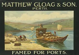 Prints of Poster advertising Matthew Gloag and Son of Perth, Scotland -- famed for ports -- with a scene of port being loaded on the River Douro in Portugal Portugal Prints: Matthew Gloag & Son Poster Print - Port on the River Douro