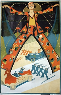 Poster, Carnival scene with cars and performers Poster, Carnival scene with cars and performers