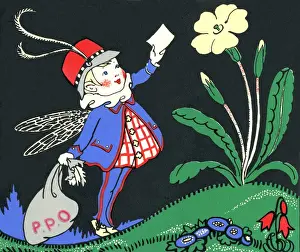 Historical Children's Literature Prints: Postman pixie delivering mail to a flower