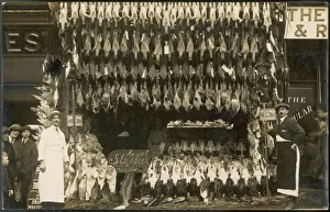 Prints of A fine pre-Christmas display by a poulterer / fishmonger of Basingstoke, Hampshire : mostly of poultry, but also a royal sturgeon and advertising for T Walls Sausages Sturgeon Prints: Pre-Christmas Poulterer Print