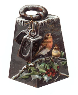 Four pound weight with robins on a New Year card Four pound weight with robins on a New Year card