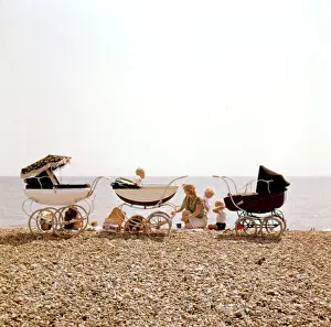 Early 1960s Brighton Beach Scene Print: Prams on the Pebbles