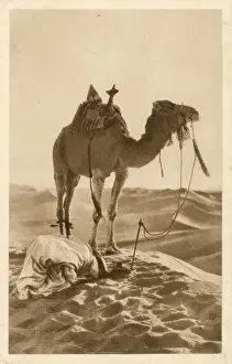 Print of a Moslem praying in the desert