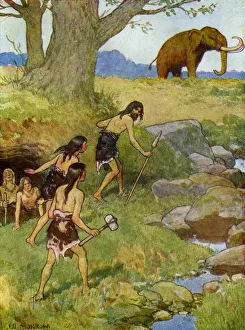 Prehistoric men hunting a mammoth in Britain Prehistoric men hunting a mammoth in Britain