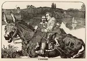 Prints of Millais, Rossetti and Hunt ride a donkey monogrammed JR (Ruskin) - a mischievous parody of Millais painting Sir Isumbras at the ford Donkey Prints: Print of Preraphaelites Mocked Riding a Donkey
