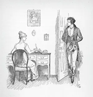 Print of Mr Darcy Entering a Room with Elizabeth Bennet at her Writing Desk