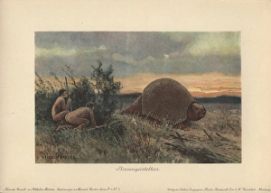 Primitive men with spears hunting a glyptodon Primitive men with spears hunting a glyptodon