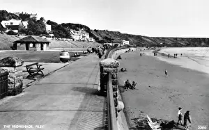 Prints of View along the Promenade at Filey, North Yorkshire, with a few people on the beach. Date: 1940s North Yorkshire Prints: Filey Promenade Print, North Yorkshire Beach Scene, 1940s