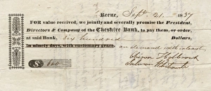 Promissory note, Keene Cheshire Bank, New Hampshire, USA Promissory note, Keene Cheshire Bank, New Hampshire, USA