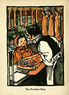 Prints of The Provision Shop. A General Grocers store selling rabbits, turkeys, chops, butter and tinned foods Charles Robinson Prints: The Provision Shop Print: A General Grocers Store Scene