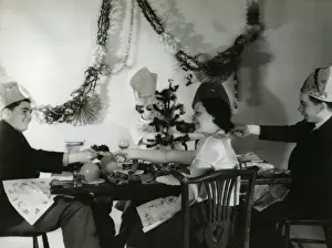 1930s Christmas Print: Friends Pulling Crackers