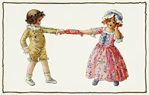 Vintage Christmas Images Prints: Pulling an Xmas cracker