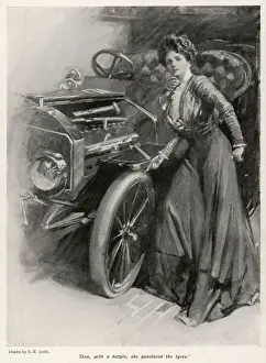 Vintage Motoring History Prints: Puncturing Tyres