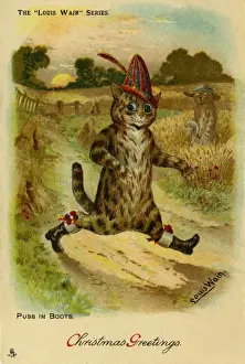 Cat Prints: 19th Century Puss in Boots Print - Country Lane Scene