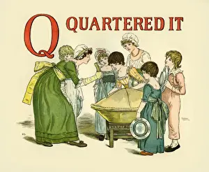 Prints of From A Apple Pie the iconic picture book by Kate Greenaway Date: 1886 Kate Greenaway Prints: Kate Greenaway's Q Quartered it From A Apple Pie Print 1886