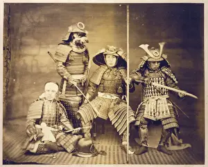 Prints of SAMURAI WARRIORS Four Japanese men in the traditional costume of Samurai warriors pose for the camera Japanese Samurai Armor Prints: 19th Century Japanese Samurai Print