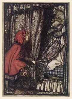 Prints of Little Red Riding Hood greets the wolf in her grandmothers bed Red Wolf Prints: Rackham Print - Little Red Riding Hood Greets the Wolf