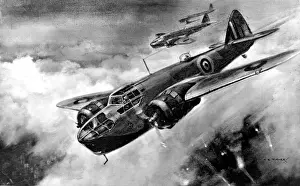 Prints of Illustration showing three Royal Air Force Bristol Blenheim mark IV fighter-bomber-reconnaissance airplanes over enemy territory in 1941 Bristol Prints: RAF Bristol Blenheim Fighter-Bombers WWII Print 1941