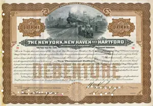 Prints of NEW YORK, NEW HAVEN AND HARTFORD RAILWAY COMPANY stock certificate Date: 1906 Connecticut Prints: Railway Stock Certificate Print 1906