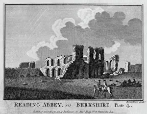 Prints of Two horsemen stop to speak with a pedestrian, near the ruins of Reading Abbey, Berkshire (4 of 4). Date: circa 1770 Berkshire Prints: Reading Abbey, Berkshire Print circa 1770