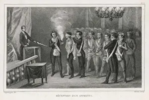 Blindfolded Apprentice in French Masonic Lodge Print