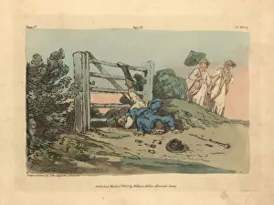 Regency gentleman falling over a gate while two women watch Regency gentleman falling over a gate while two women watch
