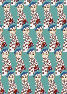 Repeating Pattern - Girl in Union Jack Flag Scarf, turquoise Repeating Pattern - Girl in Union Jack Flag Scarf, turquoise