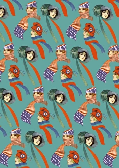 Repeating Pattern - three women, scarves and hats, turquoise Repeating Pattern - three women, scarves and hats, turquoise