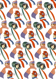 Repeating Pattern - three women in scarves and hats, white Repeating Pattern - three women in scarves and hats, white