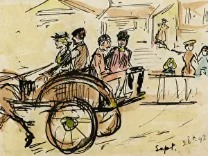 Prints of Ink and watercolour sketch by Florence Hardy, sister of poster artist Dudley Hardy and daughter of marine artist Thomas Bush Hardy Date: circa 1893 Dudley Hardy Prints: Riding in a Pony and Trap Print, circa 1893