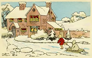 Vintage Winter Images Prints: Riding on a sledge