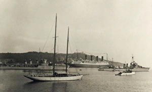 RMS Aquitania, cruise ship, with destroyers, WW1 RMS Aquitania, cruise ship, with destroyers, WW1