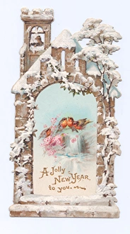 Robins with flowers and church on a New Year card Robins with flowers and church on a New Year card