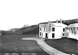 Prints of Rock Castle, Portstewart - a view of a large mansion with people outside. (Location: Northern Ireland; County Londonderry; Portstewart). Date: circa early 1900s Derry Prints: Rock Castle, Portstewart Print - Early 1900s